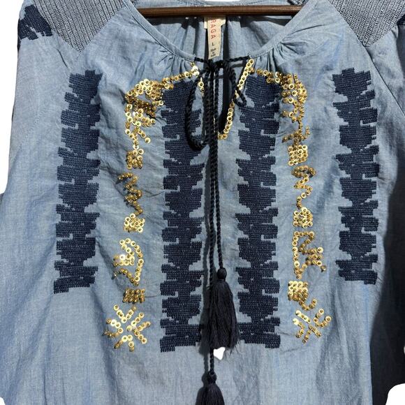 Raga Anthro Paityn Boho Chambray Tunic with emboidery and beaded sequins  large - Picture 3 of 8